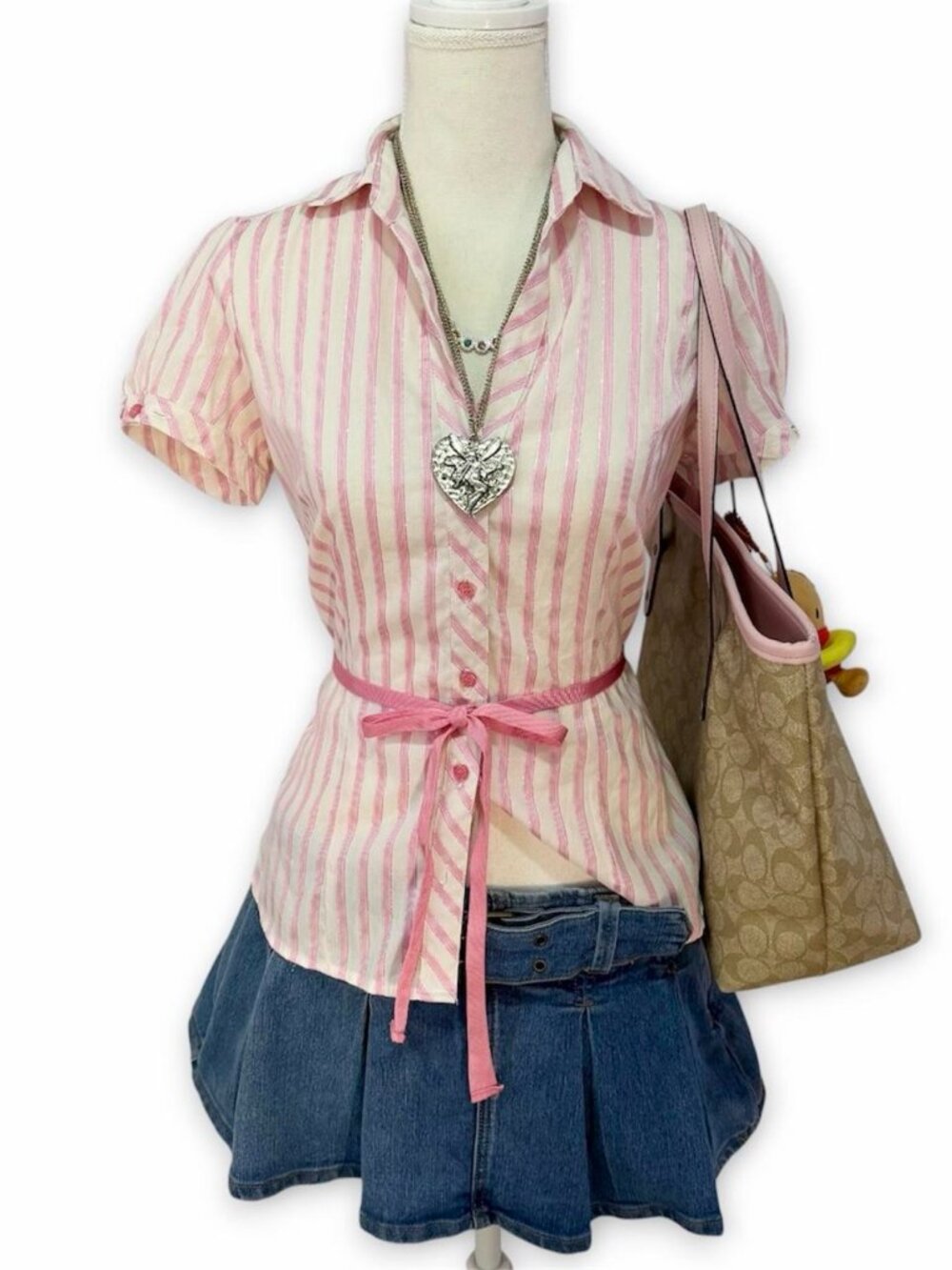 Y2k pink and white striped button up blouse with tie waist size small